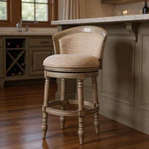 HomeRoots Beige Low Back Swivel Bar Chair with Gray Solid Wood Frame, Fabric & Faux Leather for Modern Style 633108