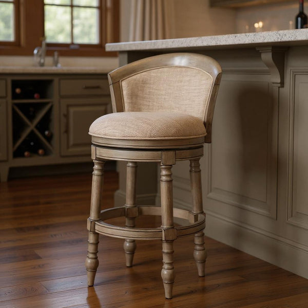 HomeRoots Beige Low Back Swivel Bar Chair with Gray Solid Wood Frame, Fabric & Faux Leather for Modern Style 633108