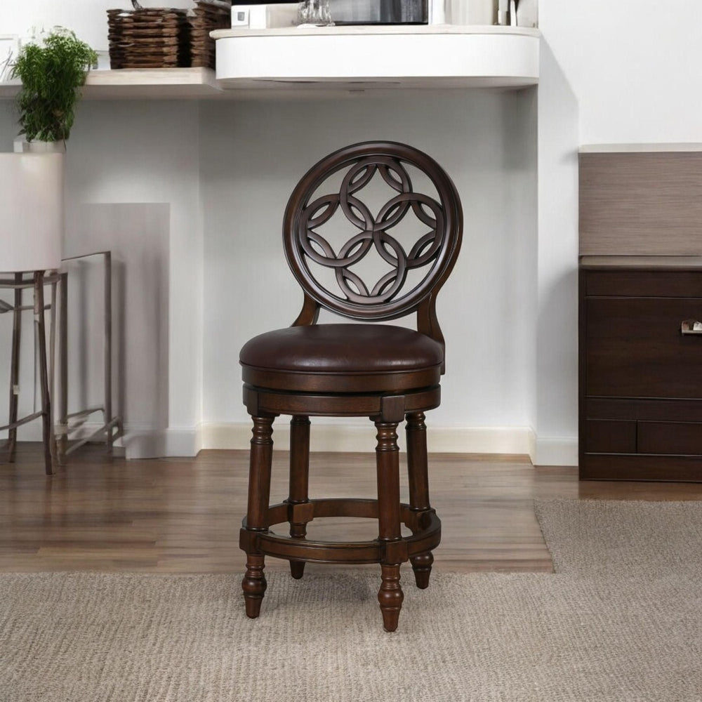 HomeRoots Dark Brown Swivel Bar Chair - Stylish Counter Height Seating with Walnut Wood Base & Comfort Design 633113
