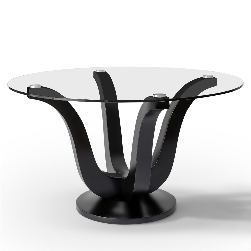 HomeRoots 51" Modern Round Dining Table with Silver Glass Top & Black Wood Double Pedestal Base for 6 633116