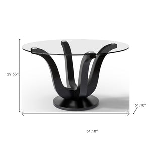 HomeRoots 51" Modern Round Dining Table with Silver Glass Top & Black Wood Double Pedestal Base for 6 633116