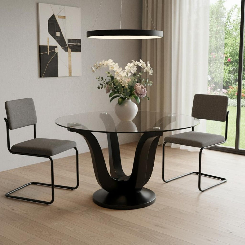 HomeRoots 51" Modern Round Dining Table with Silver Glass Top & Black Wood Double Pedestal Base for 6 633116