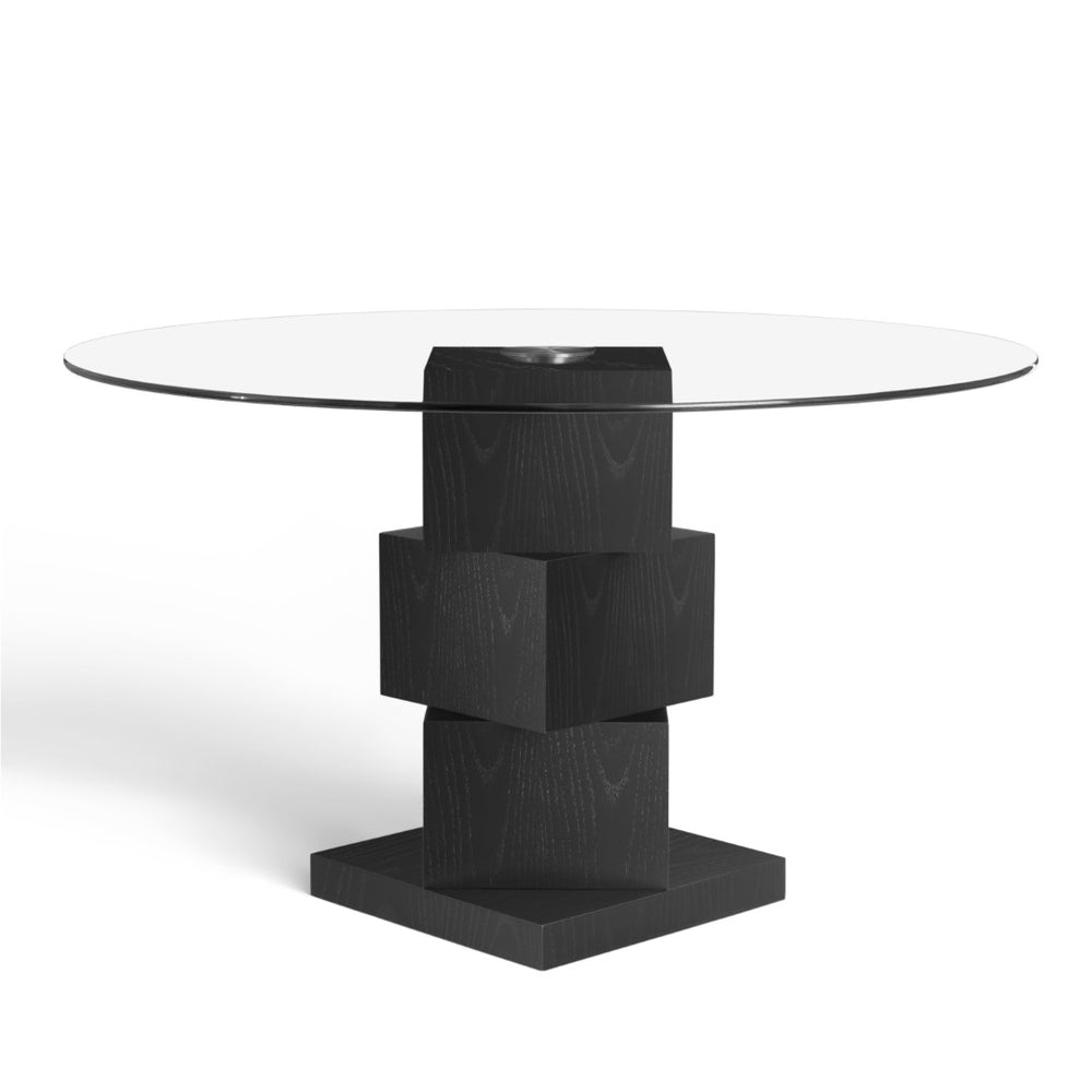 HomeRoots 51" Modern Round Clear Glass Dining Table with Black Wood Pedestal Base - Seats 6, Stylish Design 633117