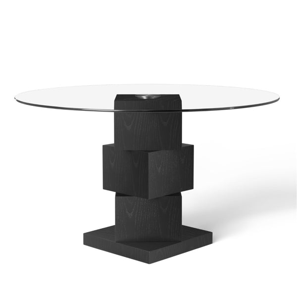 HomeRoots 51" Modern Round Clear Glass Dining Table with Black Wood Pedestal Base - Seats 6, Stylish Design 633117