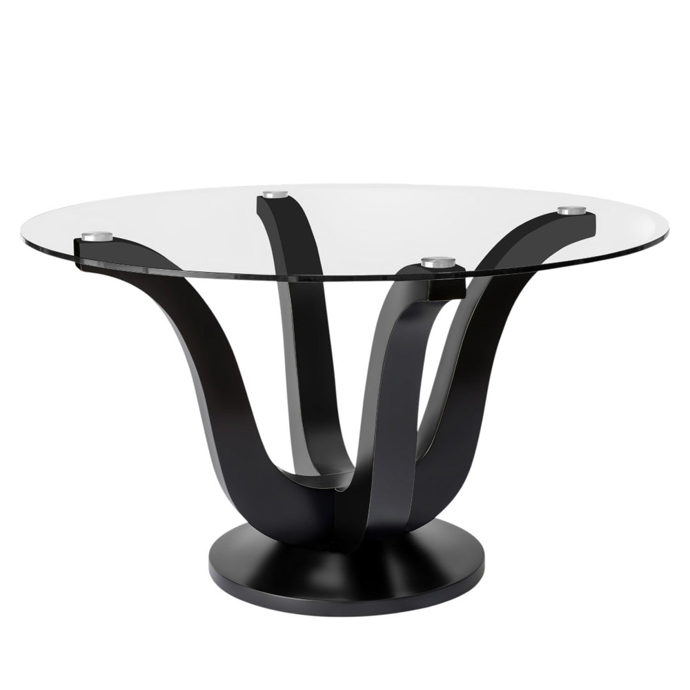 HomeRoots 51" Round Clear Glass Dining Table with Black Wood Pedestal Base - Modern Elegance for Six 633120