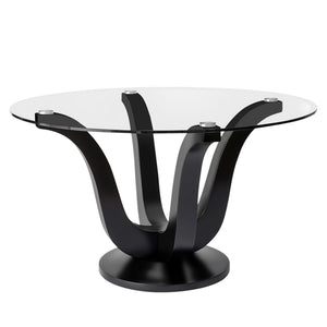 HomeRoots 51" Round Clear Glass Dining Table with Black Wood Pedestal Base - Modern Elegance for Six 633120