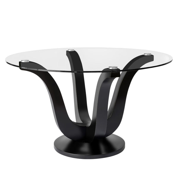 HomeRoots 51" Round Clear Glass Dining Table with Black Wood Pedestal Base - Modern Elegance for Six 633120
