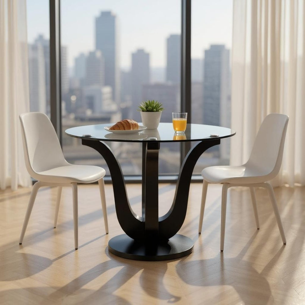 HomeRoots 51" Round Clear Glass Dining Table with Black Wood Pedestal Base - Modern Elegance for Six 633120