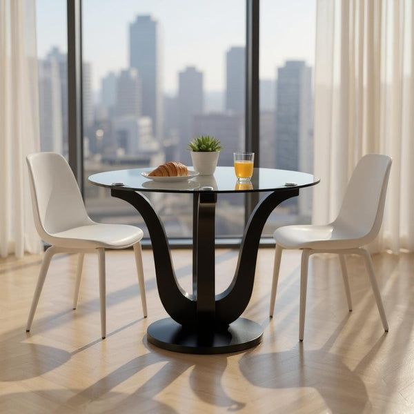 HomeRoots 51" Round Clear Glass Dining Table with Black Wood Pedestal Base - Modern Elegance for Six 633120