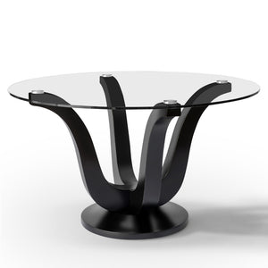 HomeRoots 51" Round Clear Glass Dining Table with Black Wood Pedestal Base - Modern Elegance for Six 633120