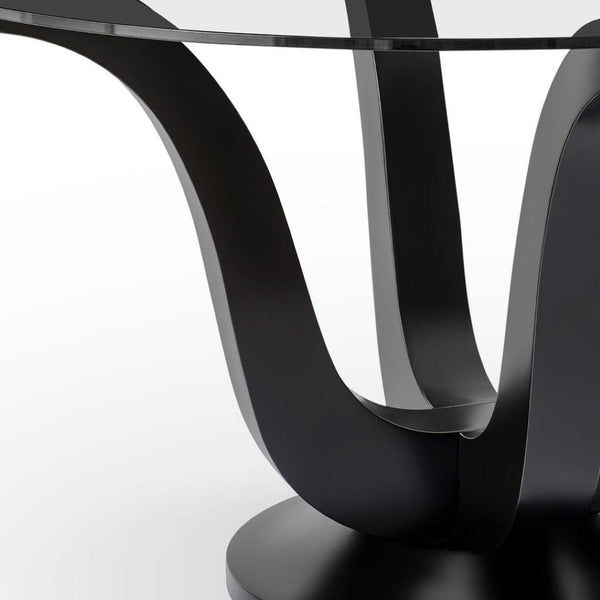 HomeRoots 51" Round Clear Glass Dining Table with Black Wood Pedestal Base - Modern Elegance for Six 633120