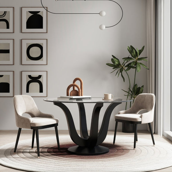 HomeRoots 51" Round Clear Glass Dining Table with Black Wood Pedestal Base - Modern Elegance for Six 633120