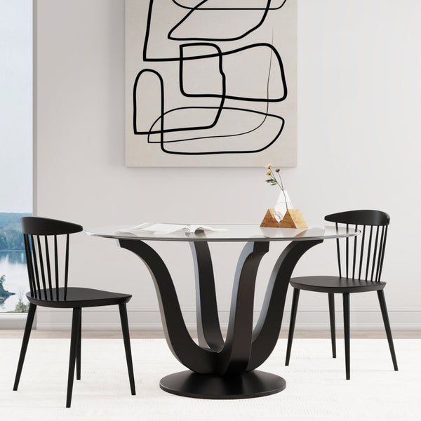 HomeRoots 51" Round Clear Glass Dining Table with Black Wood Pedestal Base - Modern Elegance for Six 633120