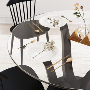 HomeRoots 51" Round Clear Glass Dining Table with Black Wood Pedestal Base - Modern Elegance for Six 633120