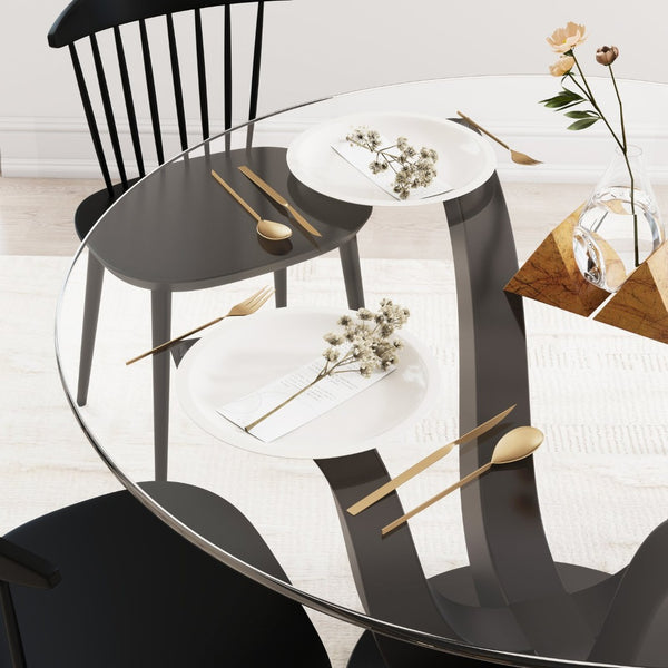 HomeRoots 51" Round Clear Glass Dining Table with Black Wood Pedestal Base - Modern Elegance for Six 633120