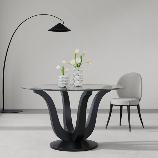 HomeRoots 51" Round Clear Glass Dining Table with Black Wood Pedestal Base - Modern Elegance for Six 633120