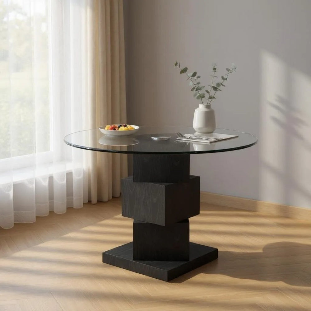 HomeRoots 51" Modern Round Glass Dining Table with Black Solid Wood Pedestal Base for Stylish Gatherings 633121