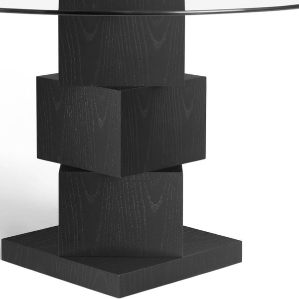 HomeRoots 51" Modern Round Glass Dining Table with Black Solid Wood Pedestal Base for Stylish Gatherings 633121