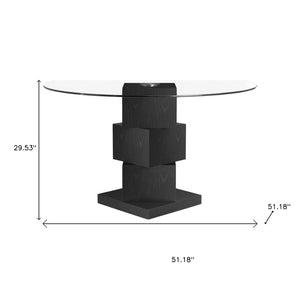 HomeRoots 51" Modern Round Glass Dining Table with Black Solid Wood Pedestal Base for Stylish Gatherings 633121