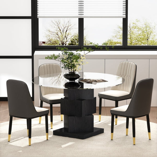 HomeRoots 51" Modern Round Glass Dining Table with Black Solid Wood Pedestal Base for Stylish Gatherings 633121