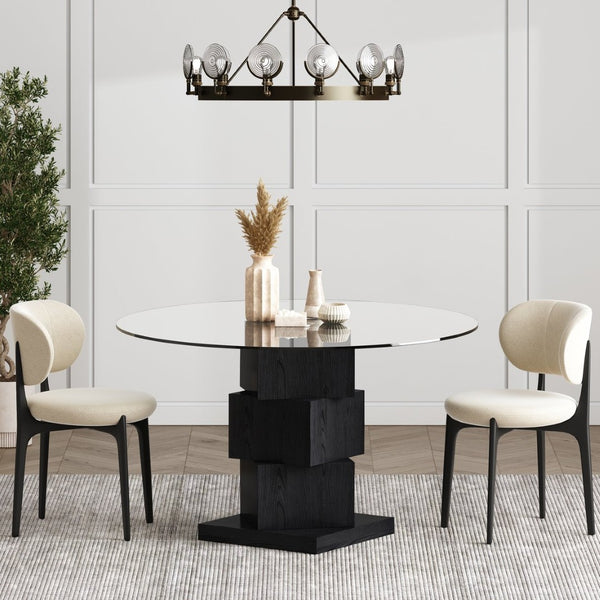 HomeRoots 51" Modern Round Glass Dining Table with Black Solid Wood Pedestal Base for Stylish Gatherings 633121