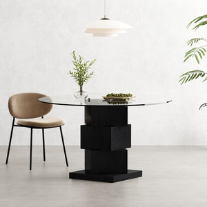 HomeRoots 51" Modern Round Glass Dining Table with Black Solid Wood Pedestal Base for Stylish Gatherings 633121