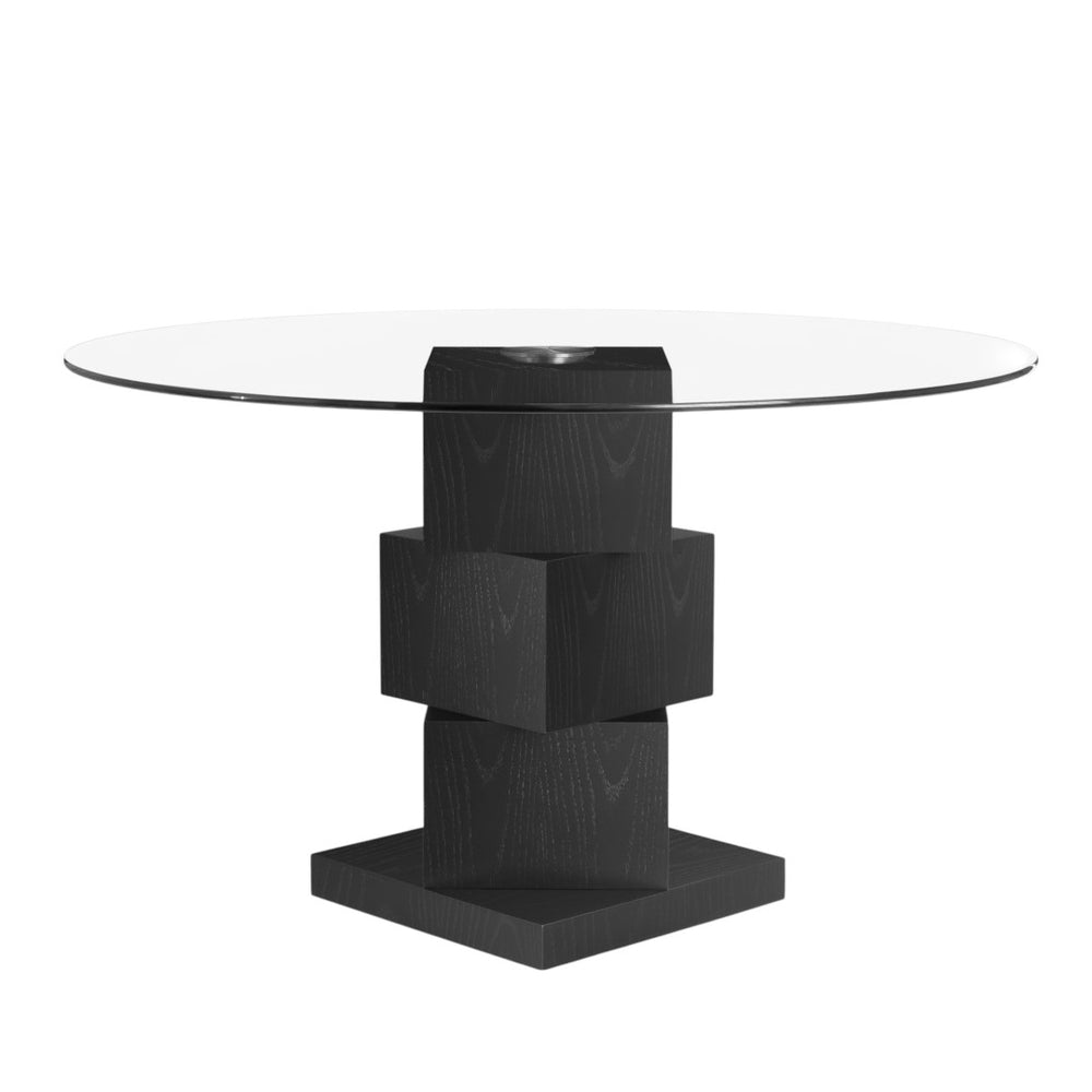 HomeRoots 51" Modern Round Glass Dining Table with Black Solid Wood Pedestal Base for Stylish Gatherings 633121