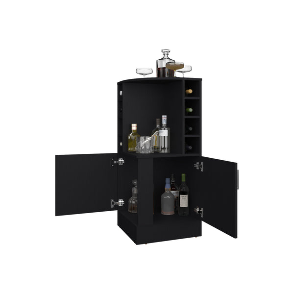 English Elm FM Corner Bar Cabinet with 8-Bottle Rack, Open Display Shelves and Hidden Storage for Home Entertaining Black 47.2 L x 23.2 W x 4.7 H B128P269881