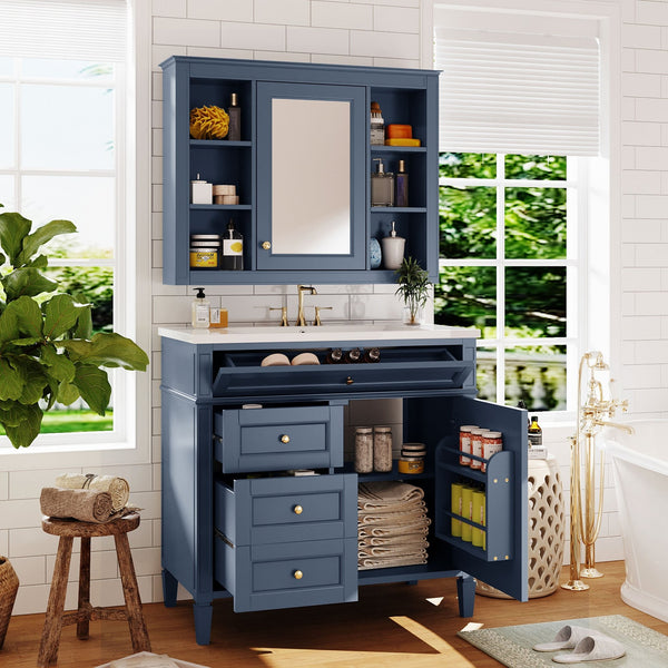 English Elm 36'' Modern Bathroom Vanity with Mirror Cabinet and Sink, Spacious Storage, Soft-Close Doors & Drawers Blue SW000134AAC-3