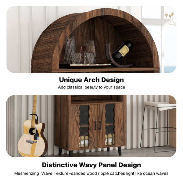 English Elm 71"Farmhouse Arched Wine Bar Cabinet with 15 Bottle Racks, 16 Glass Holders, Anti-Tip Safety for Living/Dining Brown Oak W2977P338256