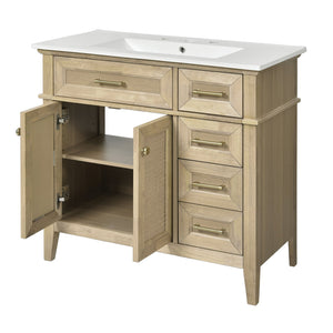 English Elm 36" Light Oak Bathroom Vanity with Ceramic Sink, Rattan Accents, Soft-Close Doors & Spacious Drawers N729P208125O