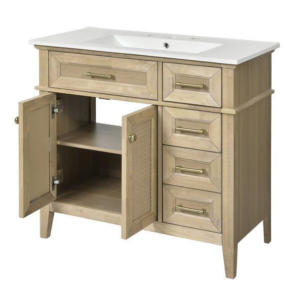 English Elm 36" Light Oak Bathroom Vanity with Ceramic Sink, Rattan Accents, Soft-Close Doors & Spacious Drawers N729P208125O