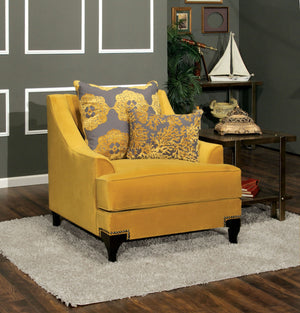 English Elm Traditional Low-Arm Chair with T-Cushion Seating, Nailhead Trim, Gold & Gray Finish with Pillows - 39"L x 37"W x 38"H B2741P375922