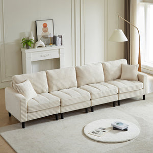 English Elm 122.5-Inch Oversized U-Shaped Modular Sofa Corduroy Sectional with Double Chaise, Ottoman, Pillows and Plastic Legs Beige W1193S00122