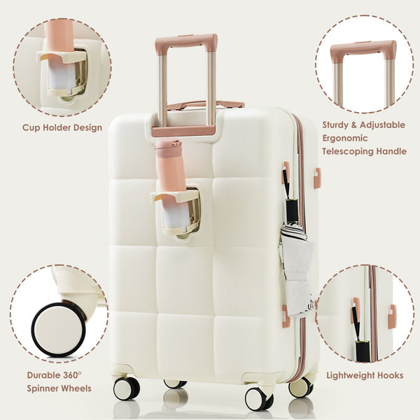 English Elm Luggage Set 4 Piece Abs Hard Shell Spinner Suitcases with Usb Port and Cup Holder Beige+Gold N726P185038R
