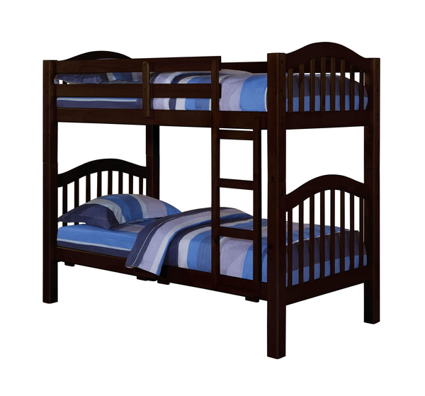 English Elm Espresso Twin Over Twin Convertible Bunk Bed with Right Ladder, Guard Rail, Sturdy Slat System B062S00497