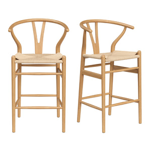 English Elm Wishbone Rattan Barstool with Woven Papercord Seat, Solid Ash Wood, Eco-Friendly Finish, Fully Assembled Natural T3623P379819