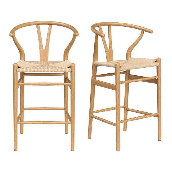 English Elm Wishbone Rattan Barstool with Woven Papercord Seat, Solid Ash Wood, Eco-Friendly Finish, Fully Assembled Natural T3623P379819