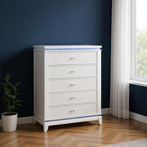 HomeRoots 36" White Faux Crystal Glitter Dresser with LED Lighting - Modern Five Drawer Storage Solution 633693