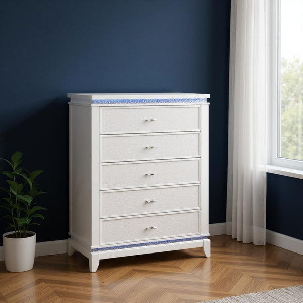 HomeRoots 36" White Faux Crystal Glitter Dresser with LED Lighting - Modern Five Drawer Storage Solution 633693