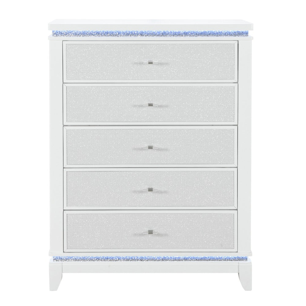 HomeRoots 36" White Faux Crystal Glitter Dresser with LED Lighting - Modern Five Drawer Storage Solution 633693