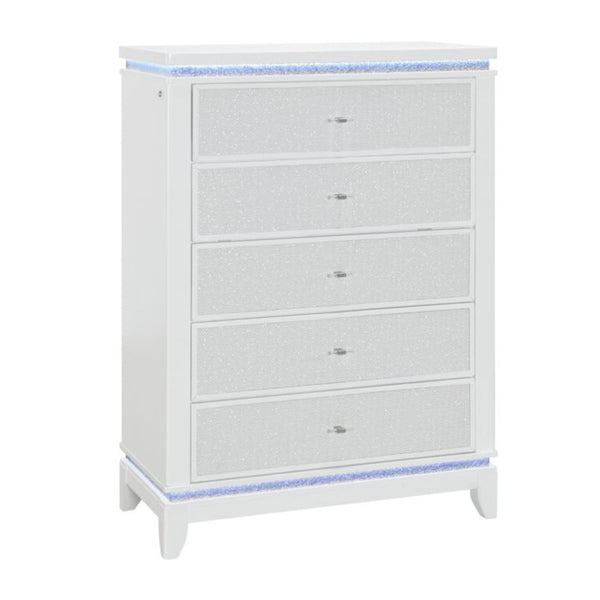 HomeRoots 36" White Faux Crystal Glitter Dresser with LED Lighting - Modern Five Drawer Storage Solution 633693