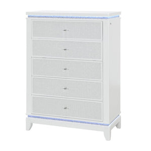 HomeRoots 36" White Faux Crystal Glitter Dresser with LED Lighting - Modern Five Drawer Storage Solution 633693