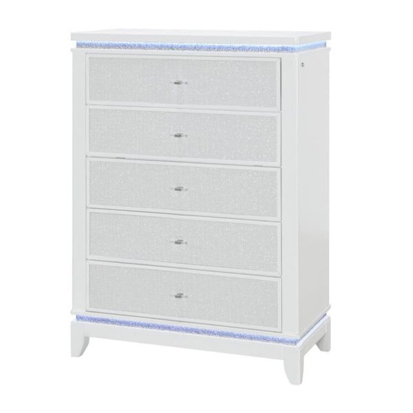 HomeRoots 36" White Faux Crystal Glitter Dresser with LED Lighting - Modern Five Drawer Storage Solution 633693