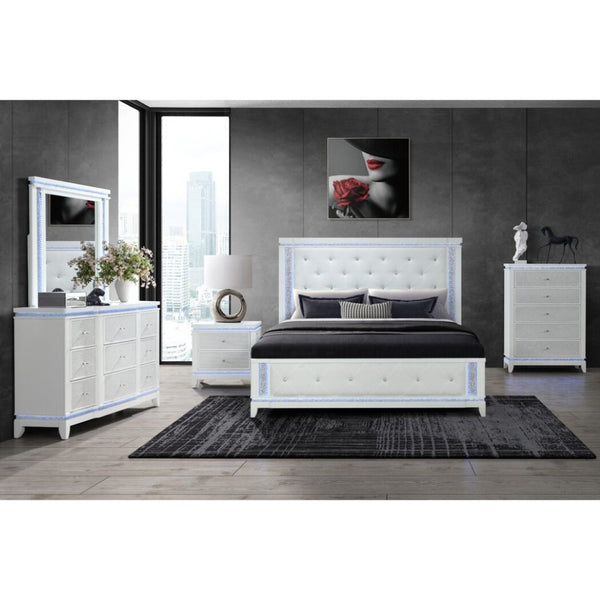 HomeRoots 36" White Faux Crystal Glitter Dresser with LED Lighting - Modern Five Drawer Storage Solution 633693