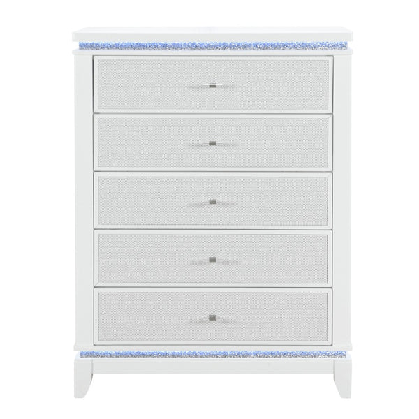 HomeRoots 36" White Faux Crystal Glitter Dresser with LED Lighting - Modern Five Drawer Storage Solution 633693