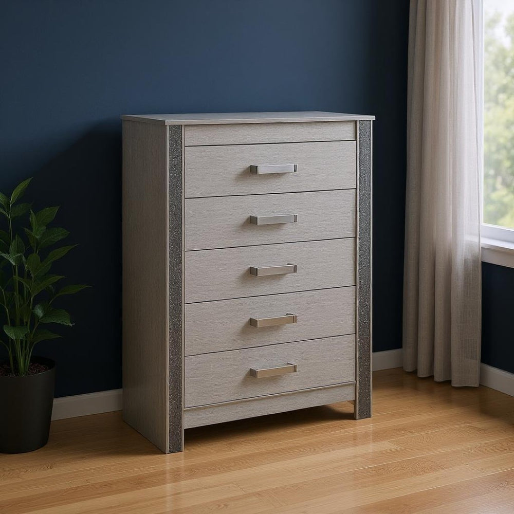 HomeRoots 36" Silver Wood Five Drawer Dresser - Modern, Space-Saving Storage Solution for Stylish Bedrooms 633699