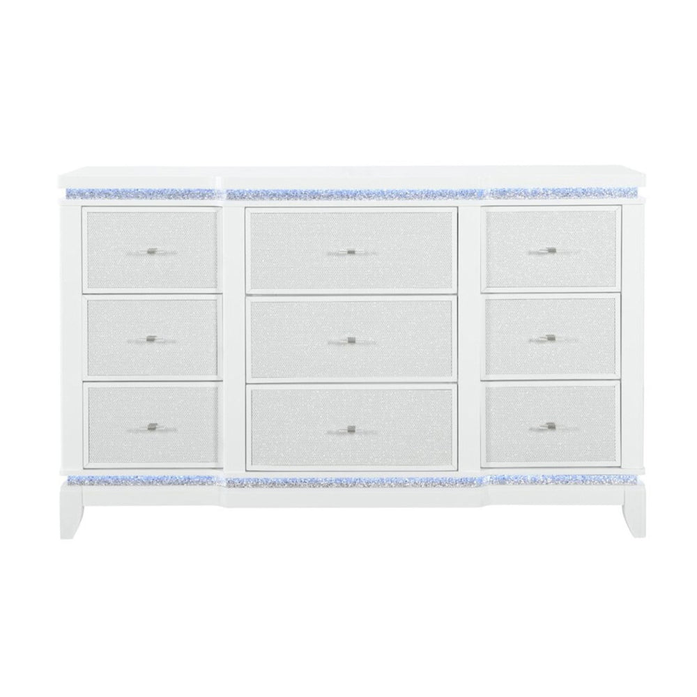 HomeRoots 62" Glamorous White Faux Crystal Lighted Triple Dresser with 9 Drawers for Stylish Storage Solutions 633700