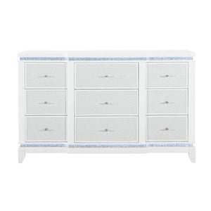 HomeRoots 62" Glamorous White Faux Crystal Lighted Triple Dresser with 9 Drawers for Stylish Storage Solutions 633700