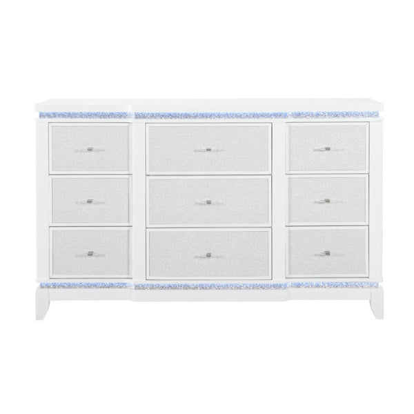 HomeRoots 62" Glamorous White Faux Crystal Lighted Triple Dresser with 9 Drawers for Stylish Storage Solutions 633700
